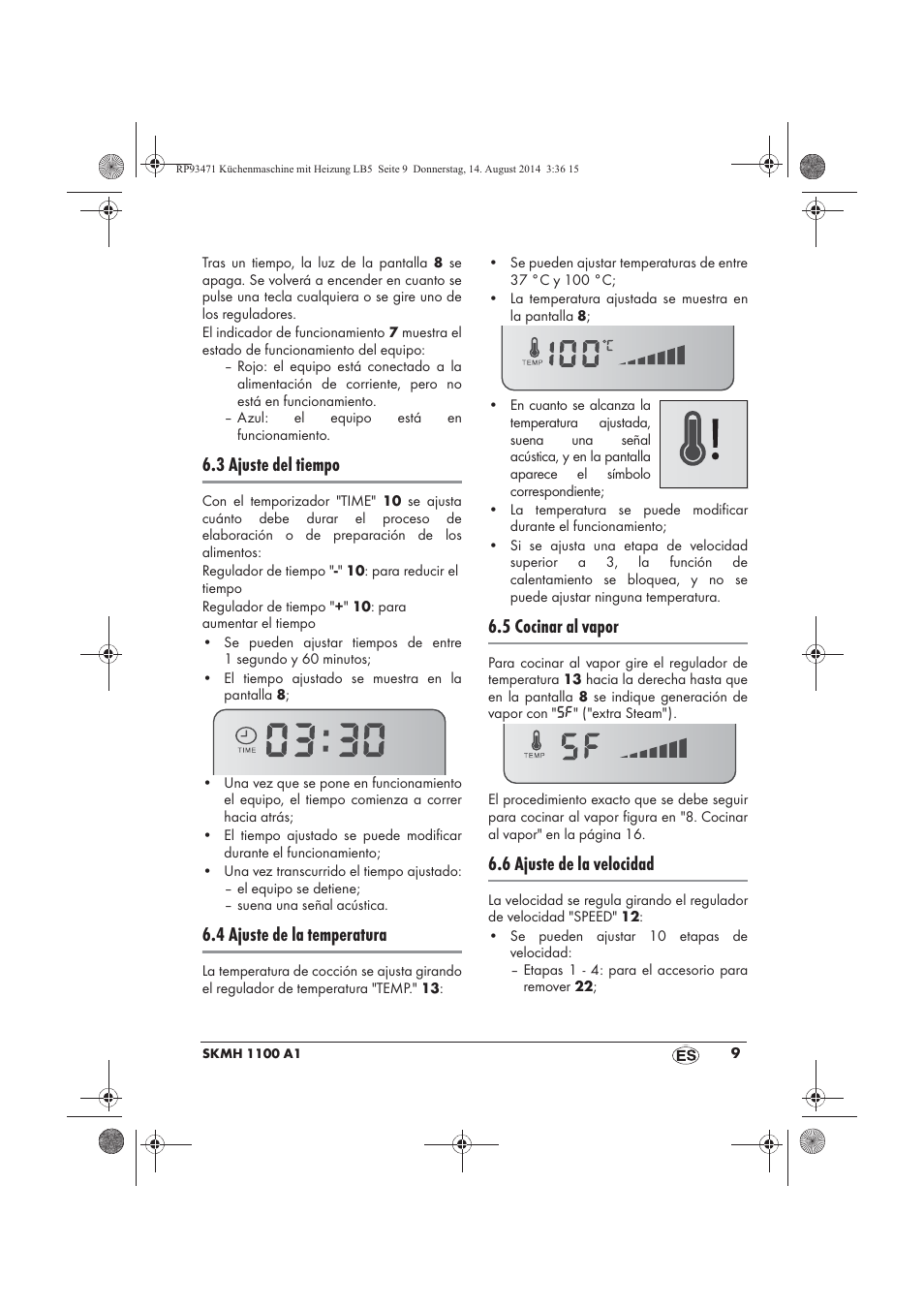 3 ajuste del tiempo, 4 ajuste de la temperatura, 5 cocinar al vapor | 6 ajuste de la velocidad | Silvercrest SKMH 1100 A1 User Manual | Page 11 / 130