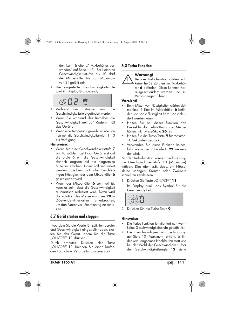7 gerät starten und stoppen, 8 turbo-funktion | Silvercrest SKMH 1100 A1 User Manual | Page 113 / 130