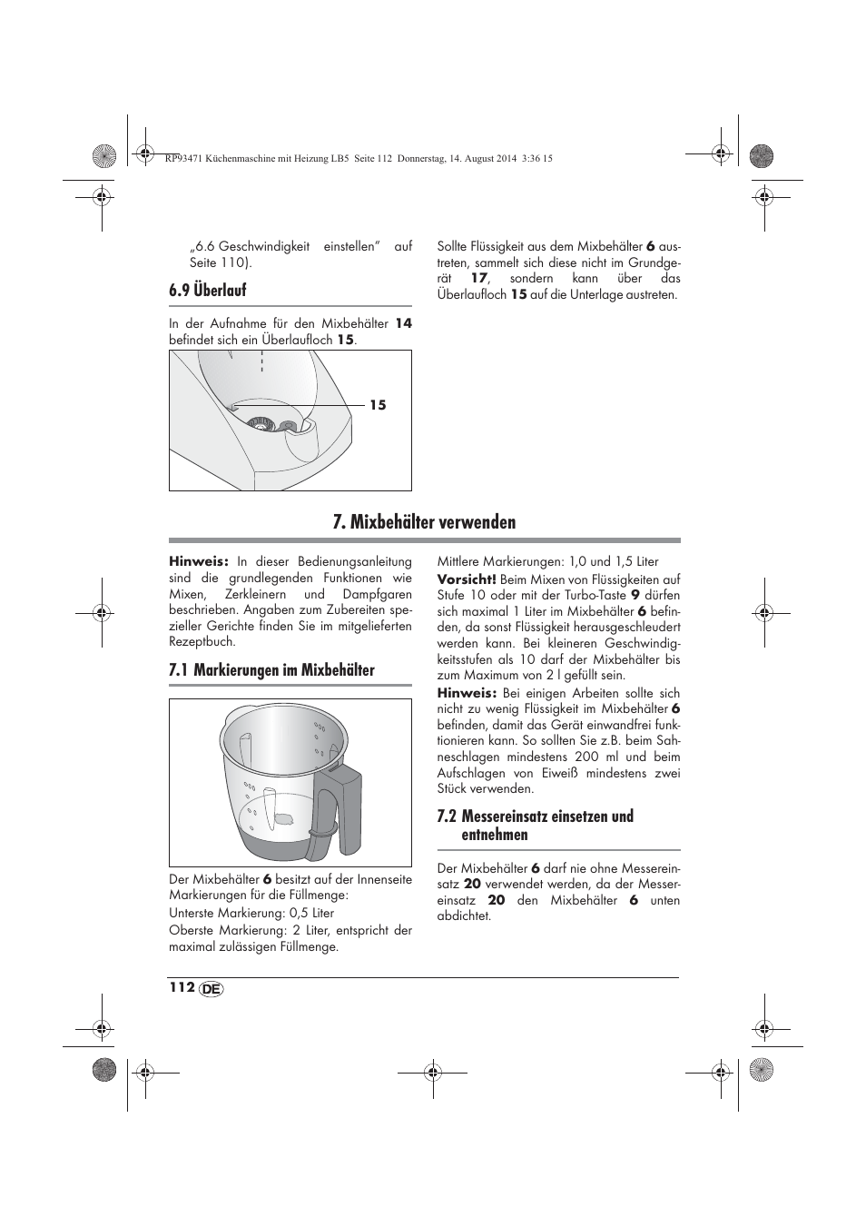 Mixbehälter verwenden, 9 überlauf, 1 markierungen im mixbehälter | 2 messereinsatz einsetzen und entnehmen | Silvercrest SKMH 1100 A1 User Manual | Page 114 / 130