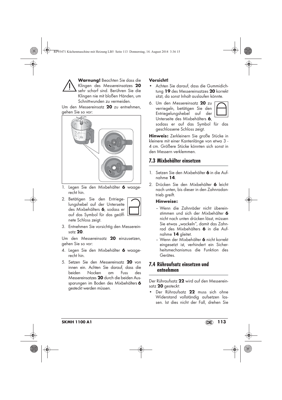 3 mixbehälter einsetzen, 4 rühraufsatz einsetzen und entnehmen | Silvercrest SKMH 1100 A1 User Manual | Page 115 / 130