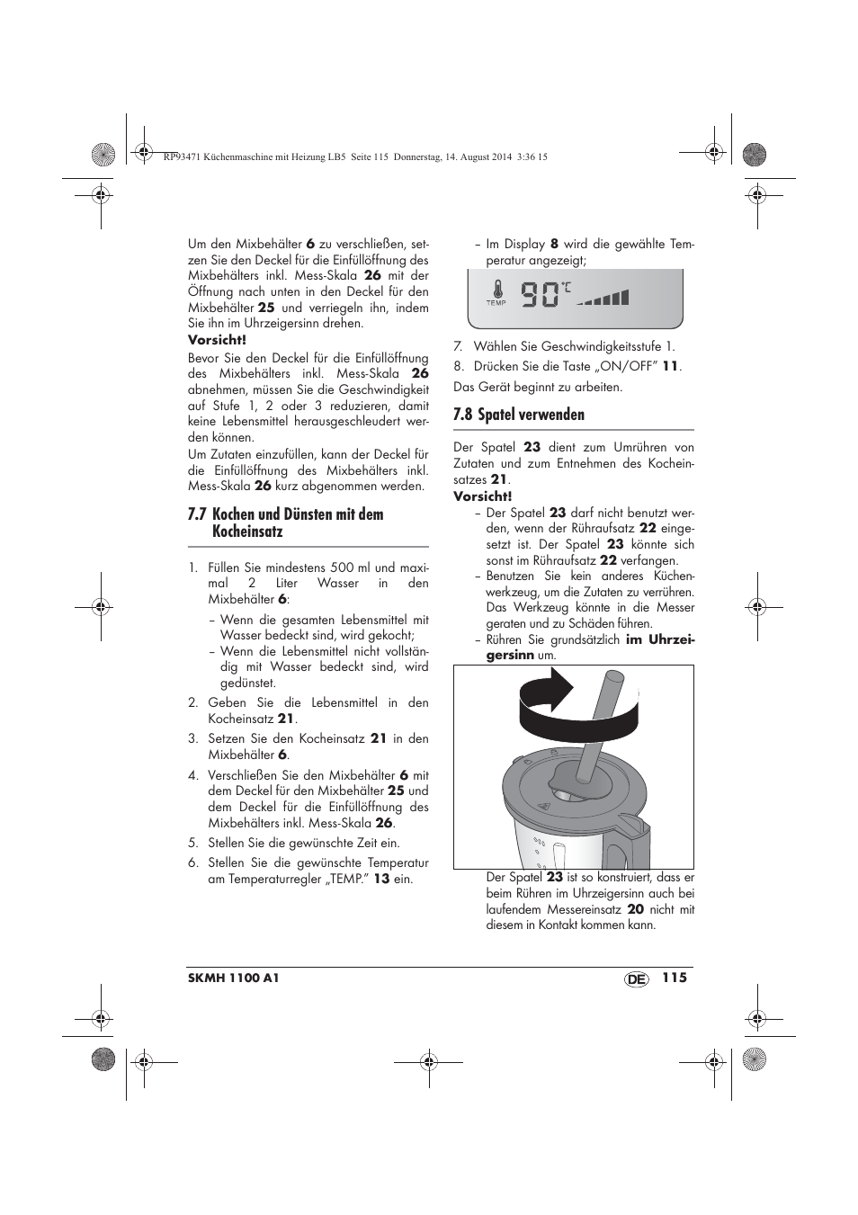 7 kochen und dünsten mit dem kocheinsatz, 8 spatel verwenden | Silvercrest SKMH 1100 A1 User Manual | Page 117 / 130