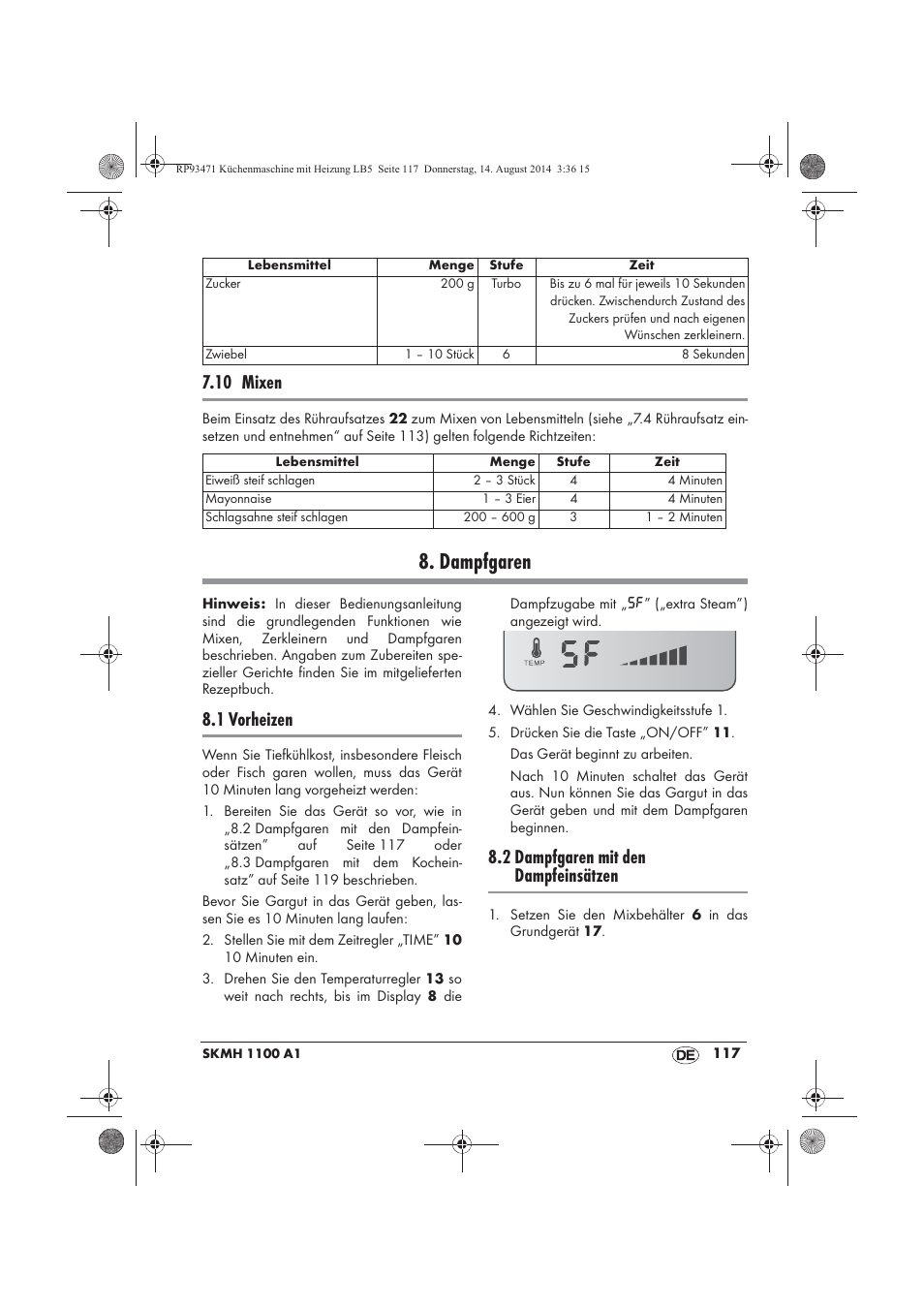 Dampfgaren, 10 mixen, 1 vorheizen | 2 dampfgaren mit den dampfeinsätzen | Silvercrest SKMH 1100 A1 User Manual | Page 119 / 130