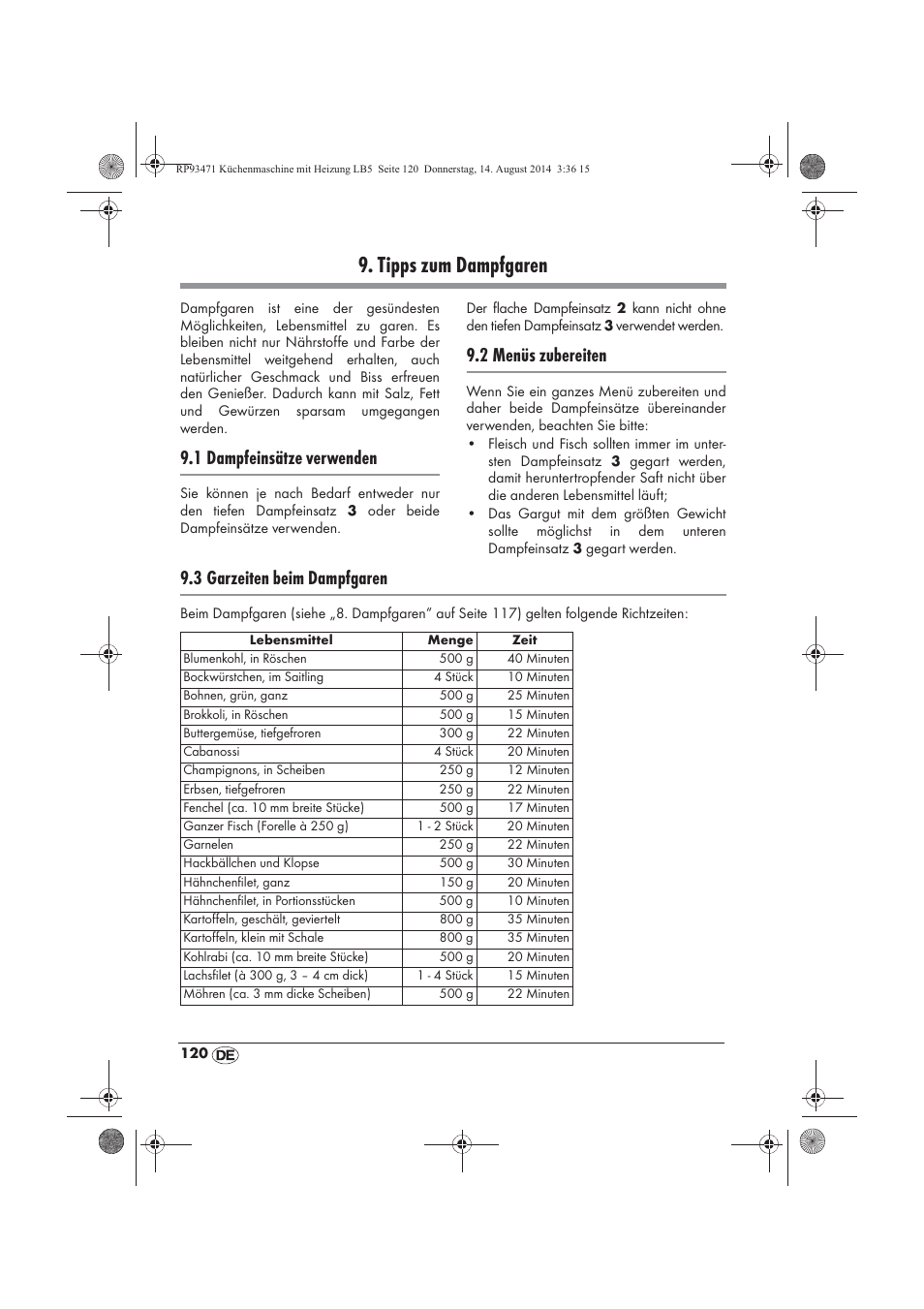 Tipps zum dampfgaren, 1 dampfeinsätze verwenden, 2 menüs zubereiten | 3 garzeiten beim dampfgaren | Silvercrest SKMH 1100 A1 User Manual | Page 122 / 130