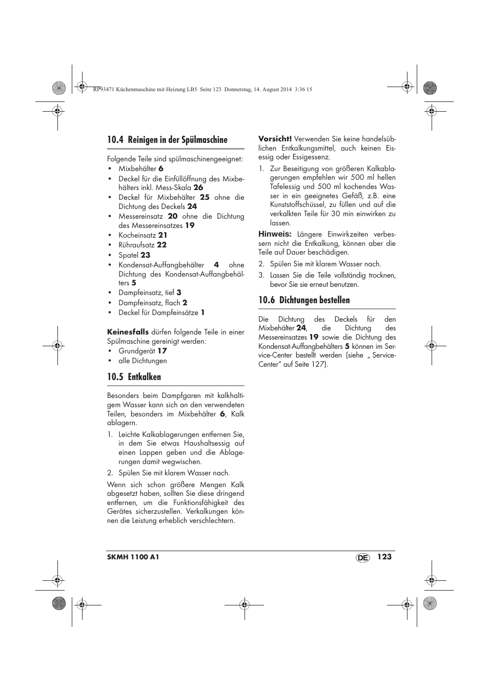 4 reinigen in der spülmaschine, 5 entkalken, 6 dichtungen bestellen | Silvercrest SKMH 1100 A1 User Manual | Page 125 / 130