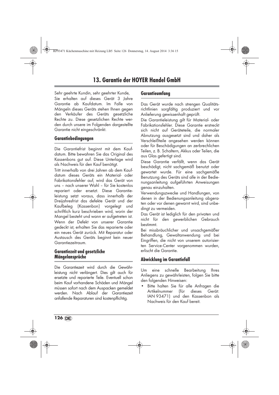 Garantie der hoyer handel gmbh | Silvercrest SKMH 1100 A1 User Manual | Page 128 / 130