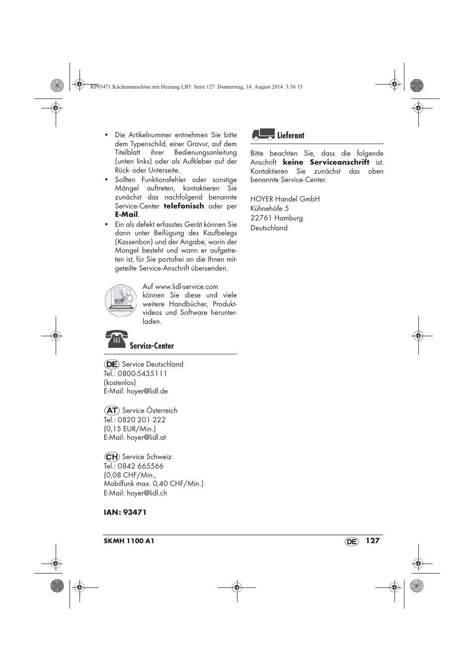 Service-center, Lieferant | Silvercrest SKMH 1100 A1 User Manual | Page 129 / 130