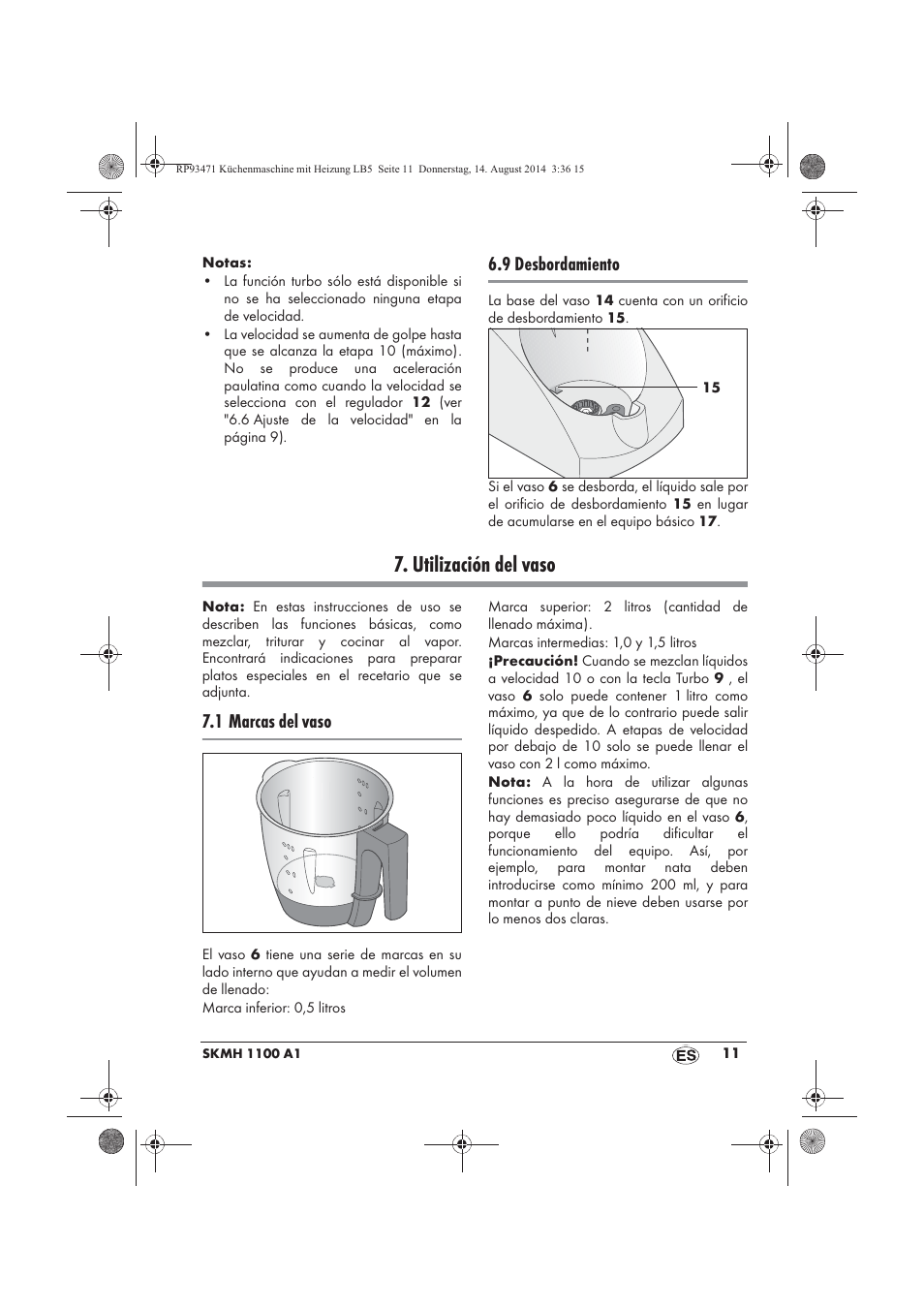 Utilización del vaso, 9 desbordamiento, 1 marcas del vaso | Silvercrest SKMH 1100 A1 User Manual | Page 13 / 130