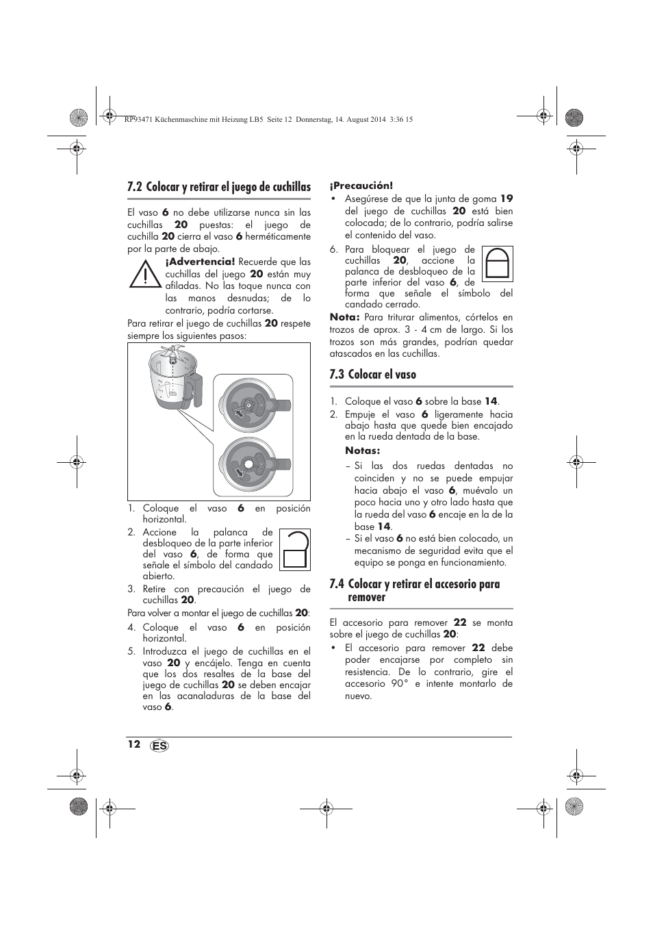 2 colocar y retirar el juego de cuchillas, 3 colocar el vaso, 4 colocar y retirar el accesorio para remover | Silvercrest SKMH 1100 A1 User Manual | Page 14 / 130