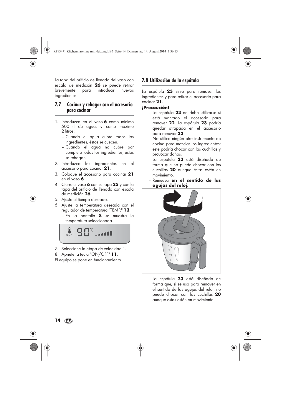 7 cocinar y rehogar con el accesorio para cocinar, 8 utilización de la espátula | Silvercrest SKMH 1100 A1 User Manual | Page 16 / 130