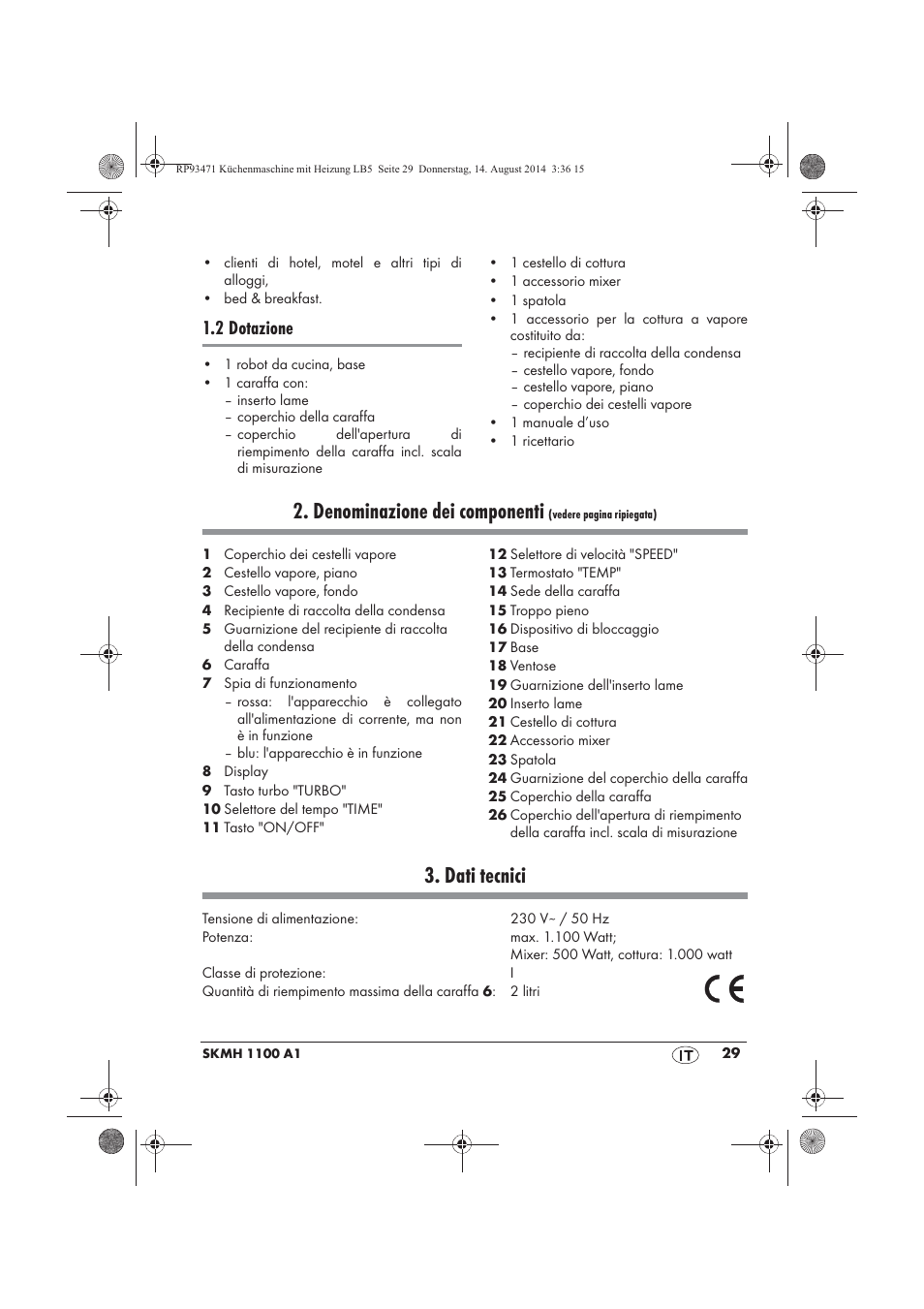 Denominazione dei componenti, Dati tecnici, 2 dotazione | Silvercrest SKMH 1100 A1 User Manual | Page 31 / 130