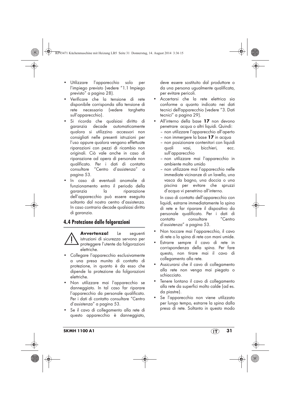 4 protezione dalle folgorazioni | Silvercrest SKMH 1100 A1 User Manual | Page 33 / 130