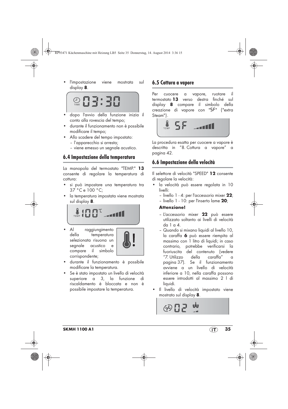 4 impostazione della temperatura, 5 cottura a vapore, 6 impostazione della velocità | Silvercrest SKMH 1100 A1 User Manual | Page 37 / 130