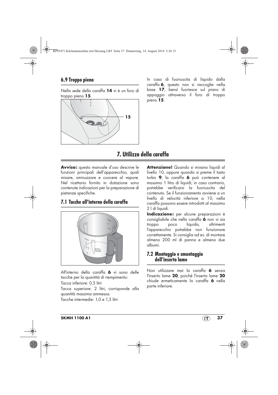 Utilizzo della caraffa | Silvercrest SKMH 1100 A1 User Manual | Page 39 / 130
