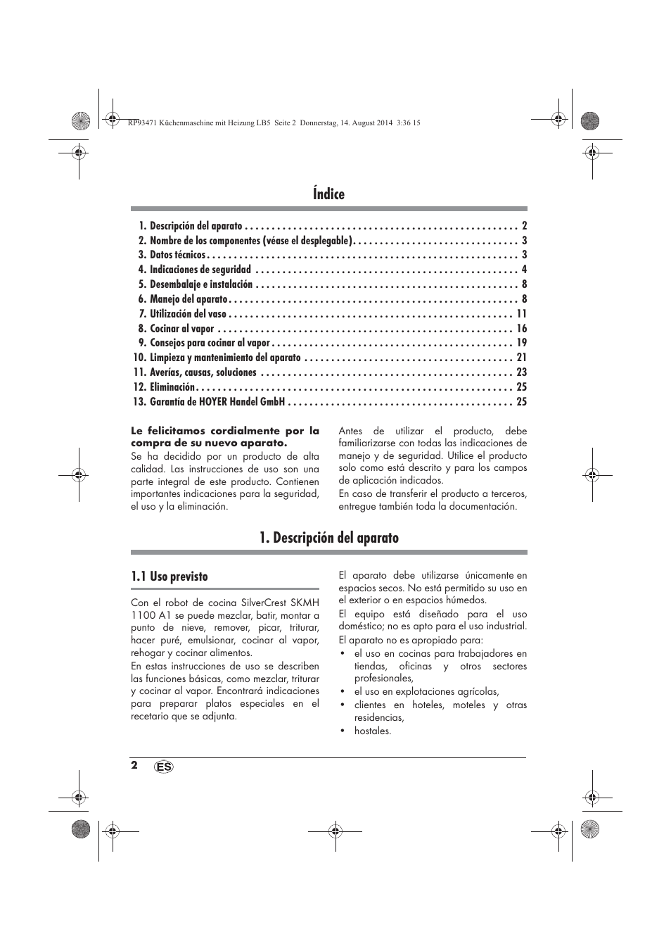 Índice, Descripción del aparato | Silvercrest SKMH 1100 A1 User Manual | Page 4 / 130