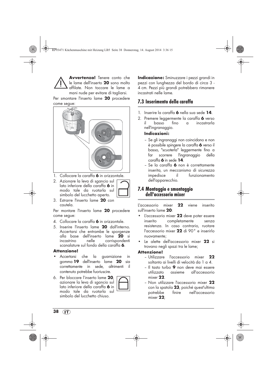 3 inserimento della caraffa, 4 montaggio e smontaggio dell'accessorio mixer | Silvercrest SKMH 1100 A1 User Manual | Page 40 / 130