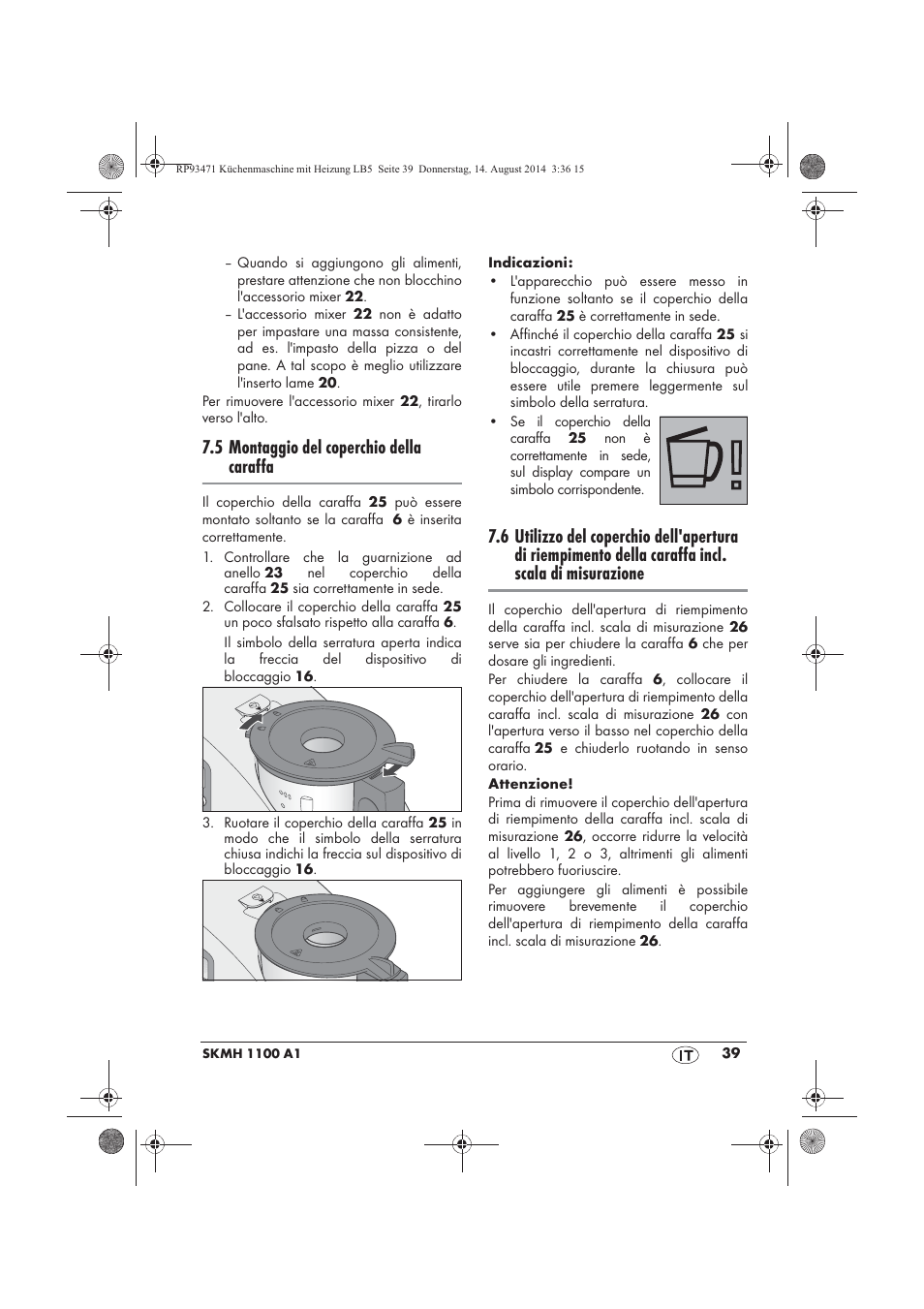 5 montaggio del coperchio della caraffa | Silvercrest SKMH 1100 A1 User Manual | Page 41 / 130