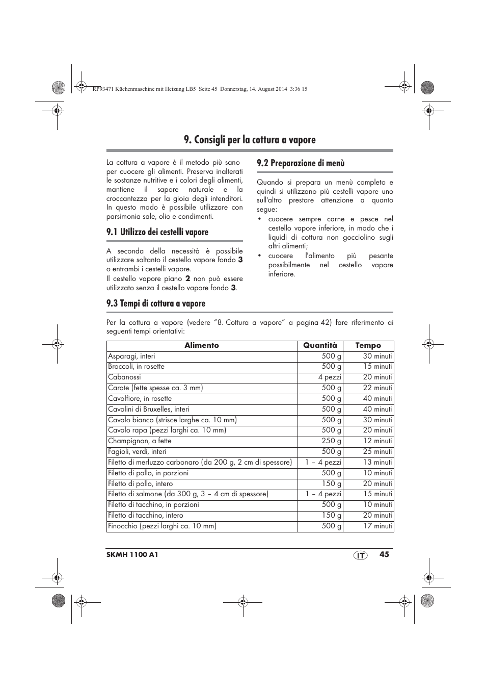 Consigli per la cottura a vapore, 1 utilizzo dei cestelli vapore, 2 preparazione di menù | 3 tempi di cottura a vapore | Silvercrest SKMH 1100 A1 User Manual | Page 47 / 130