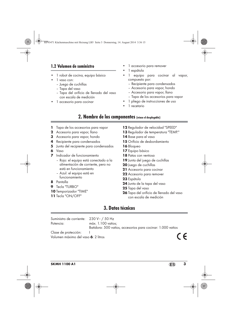 Nombre de los componentes, Datos técnicos, 2 volumen de suministro | Silvercrest SKMH 1100 A1 User Manual | Page 5 / 130