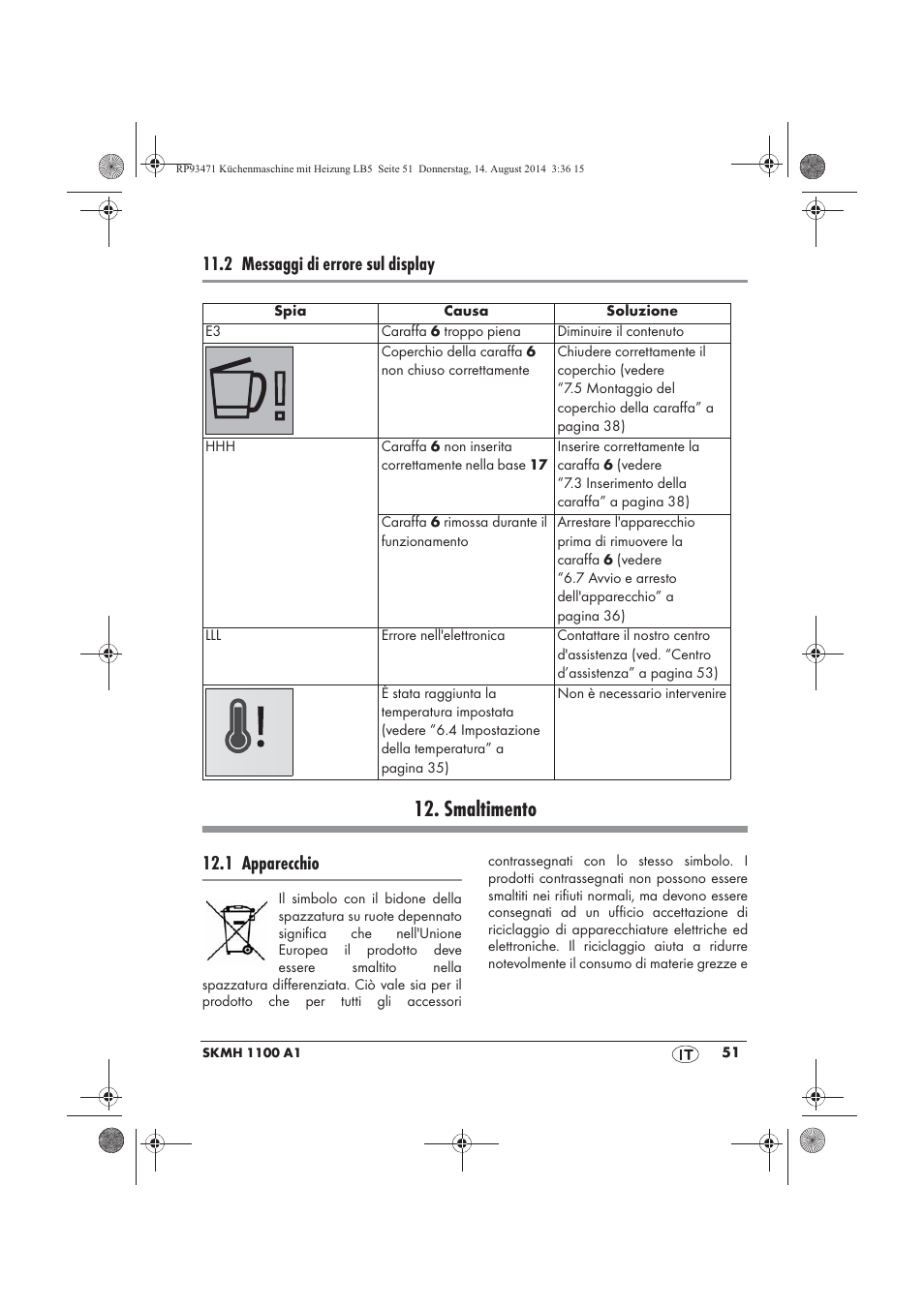 Smaltimento, 2 messaggi di errore sul display, 1 apparecchio | Silvercrest SKMH 1100 A1 User Manual | Page 53 / 130