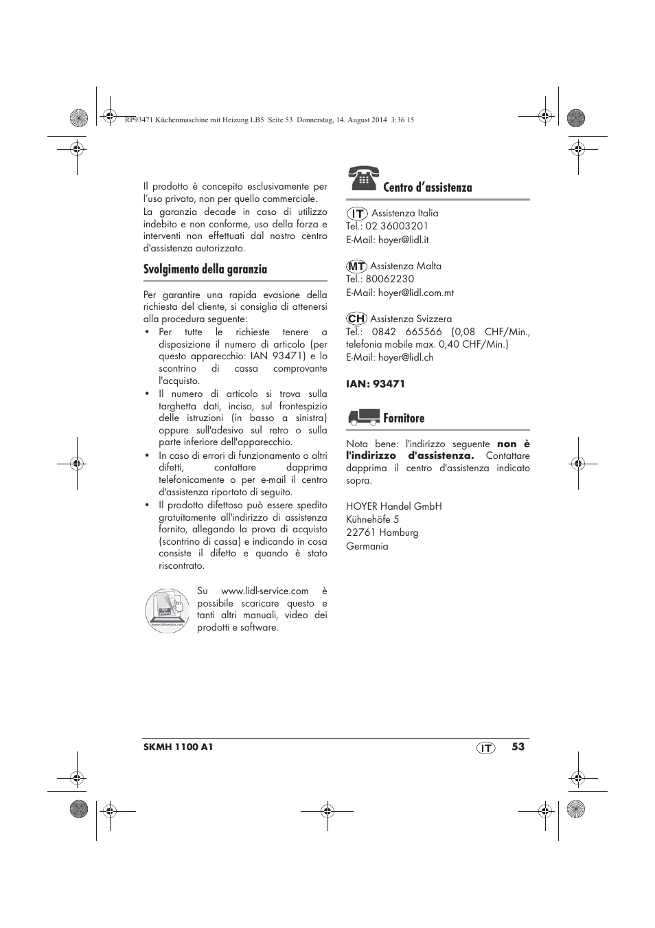 Svolgimento della garanzia, Centro d’assistenza, Fornitore | Silvercrest SKMH 1100 A1 User Manual | Page 55 / 130