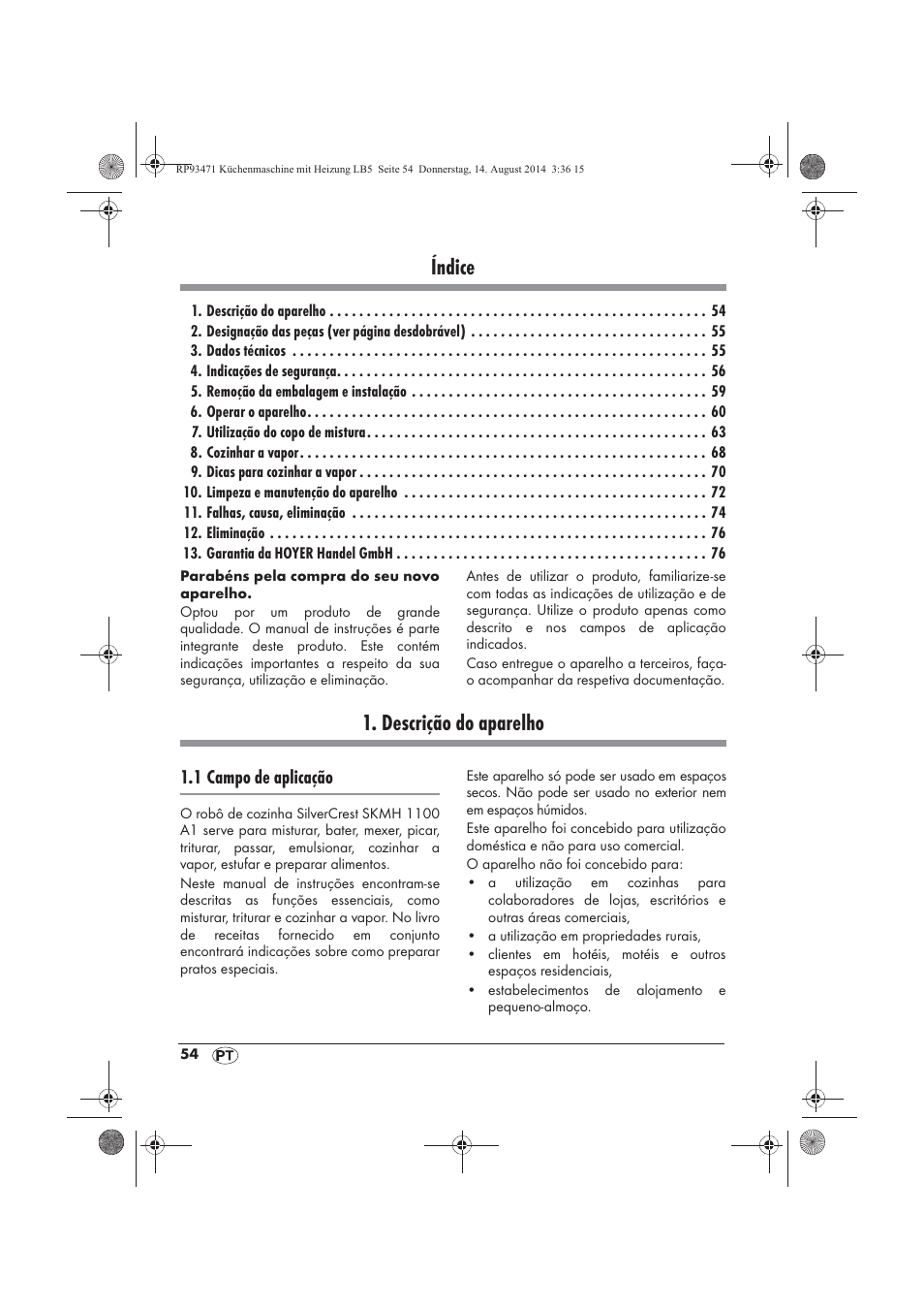 Índice, Descrição do aparelho | Silvercrest SKMH 1100 A1 User Manual | Page 56 / 130