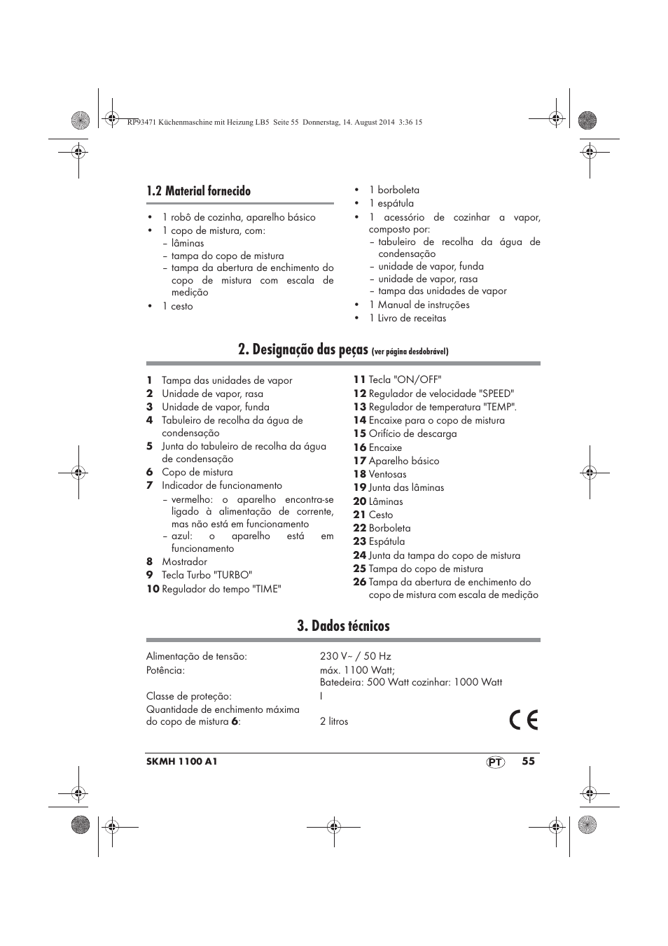 Designação das peças, Dados técnicos, 2 material fornecido | Silvercrest SKMH 1100 A1 User Manual | Page 57 / 130