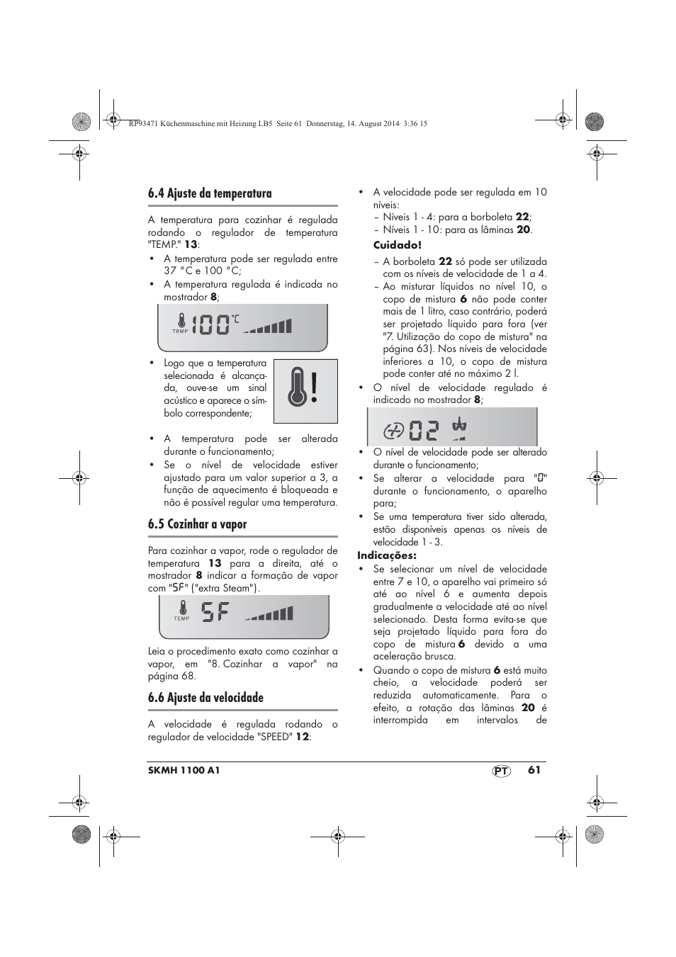 4 ajuste da temperatura, 5 cozinhar a vapor, 6 ajuste da velocidade | Silvercrest SKMH 1100 A1 User Manual | Page 63 / 130