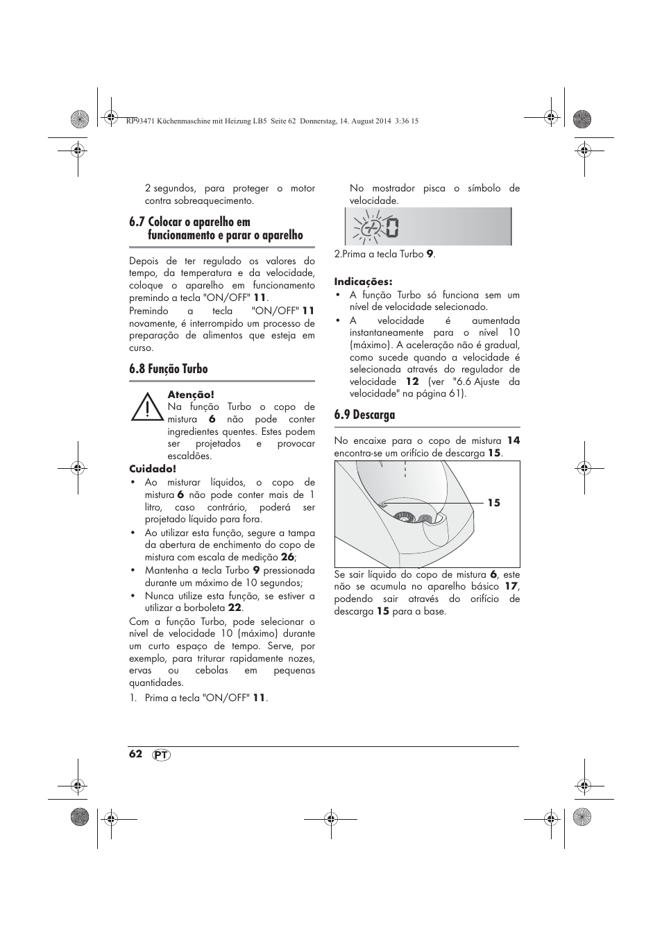 8 função turbo, 9 descarga | Silvercrest SKMH 1100 A1 User Manual | Page 64 / 130