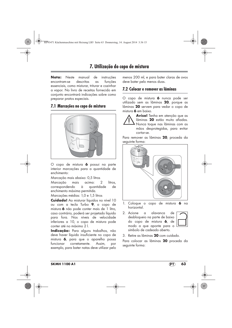 Utilização do copo de mistura, 1 marcações no copo de mistura, 2 colocar e remover as lâminas | Silvercrest SKMH 1100 A1 User Manual | Page 65 / 130