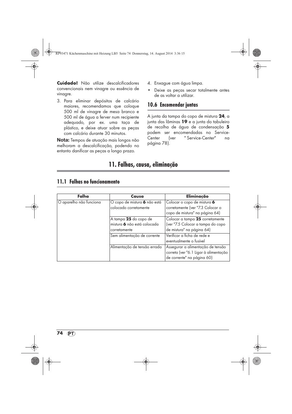 Falhas, causa, eliminação, 6 encomendar juntas, 1 falhas no funcionamento | Silvercrest SKMH 1100 A1 User Manual | Page 76 / 130