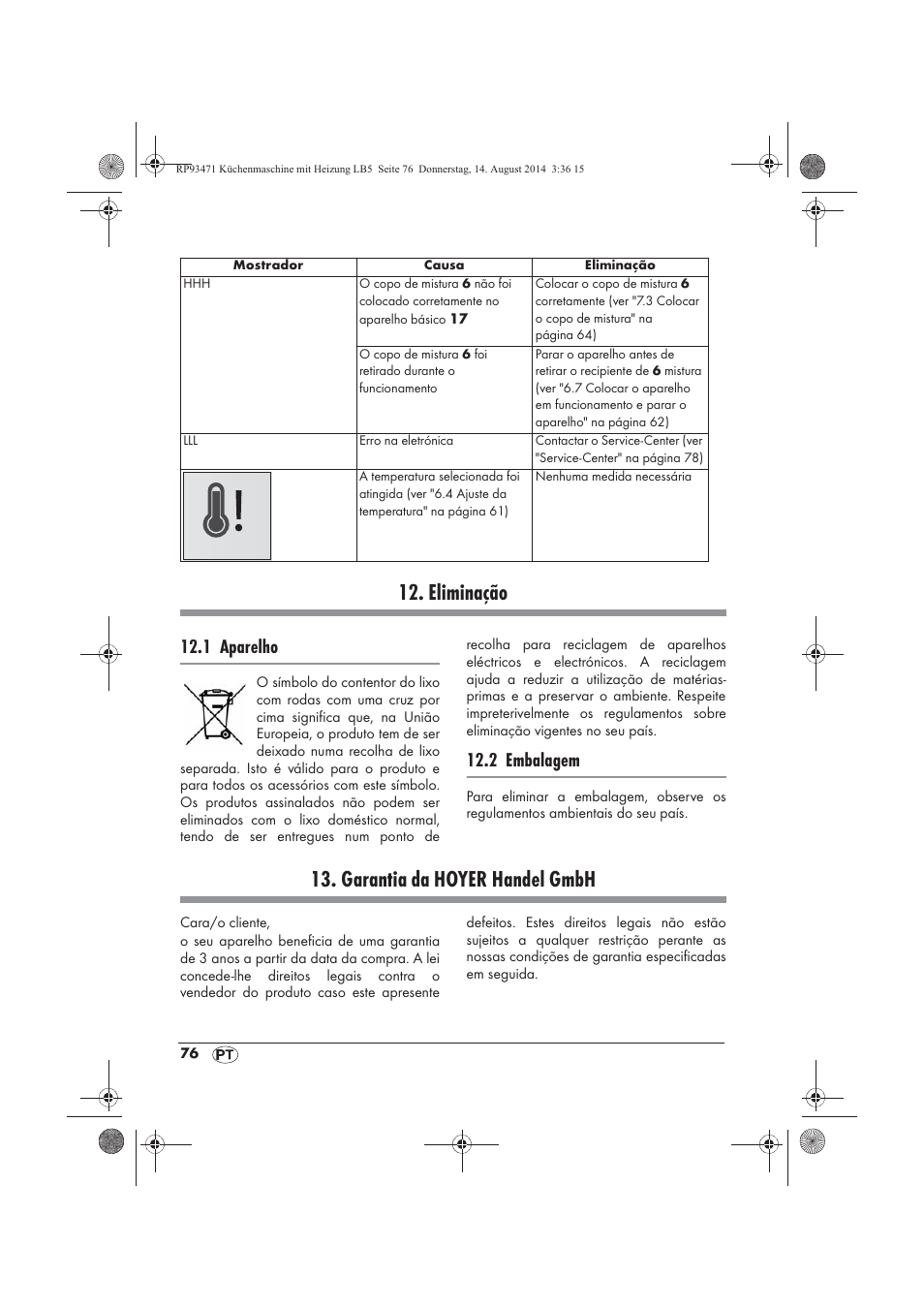 Eliminação, Garantia da hoyer handel gmbh, 1 aparelho | 2 embalagem | Silvercrest SKMH 1100 A1 User Manual | Page 78 / 130