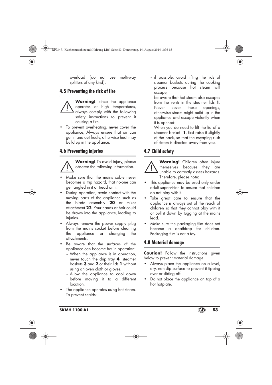 5 preventing the risk of fire, 6 preventing injuries, 7 child safety | 8 material damage | Silvercrest SKMH 1100 A1 User Manual | Page 85 / 130