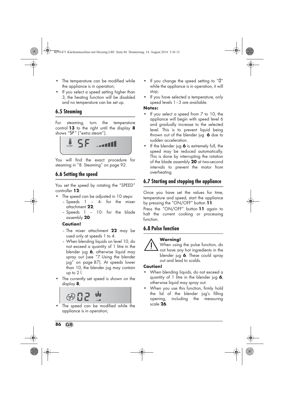 5 steaming, 6 setting the speed, 7 starting and stopping the appliance | 8 pulse function | Silvercrest SKMH 1100 A1 User Manual | Page 88 / 130