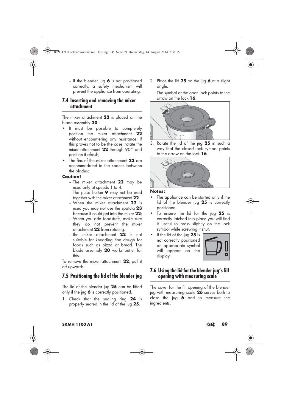 4 inserting and removing the mixer attachment, 5 positioning the lid of the blender jug | Silvercrest SKMH 1100 A1 User Manual | Page 91 / 130