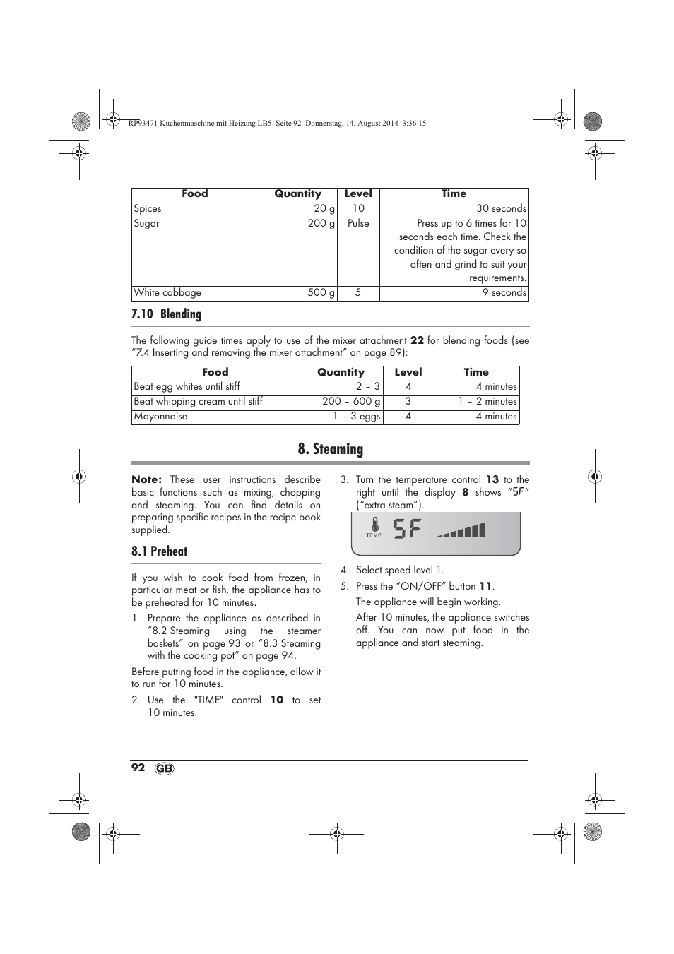 Steaming, 10 blending, 1 preheat | Silvercrest SKMH 1100 A1 User Manual | Page 94 / 130