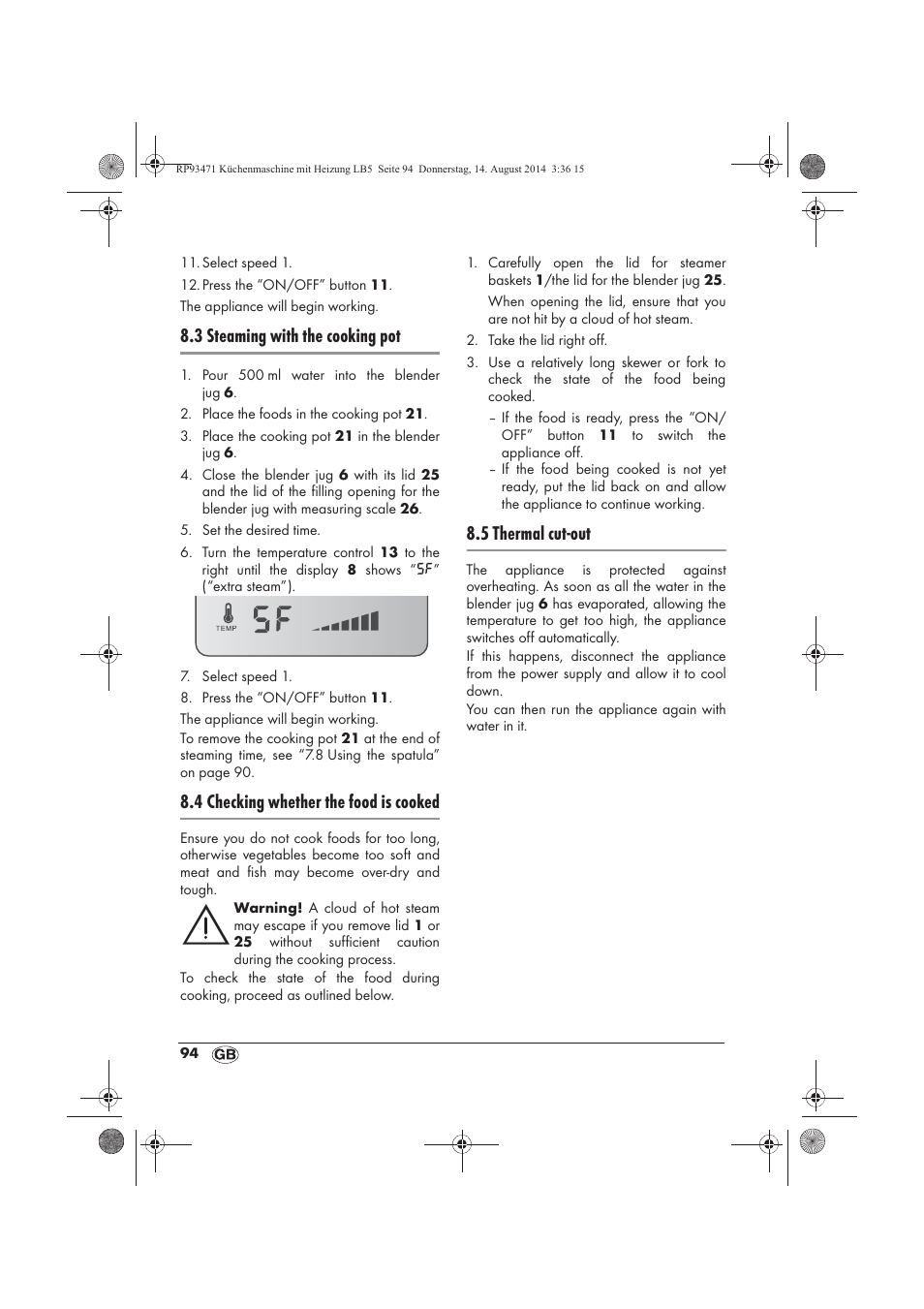 3 steaming with the cooking pot, 4 checking whether the food is cooked, 5 thermal cut-out | Silvercrest SKMH 1100 A1 User Manual | Page 96 / 130