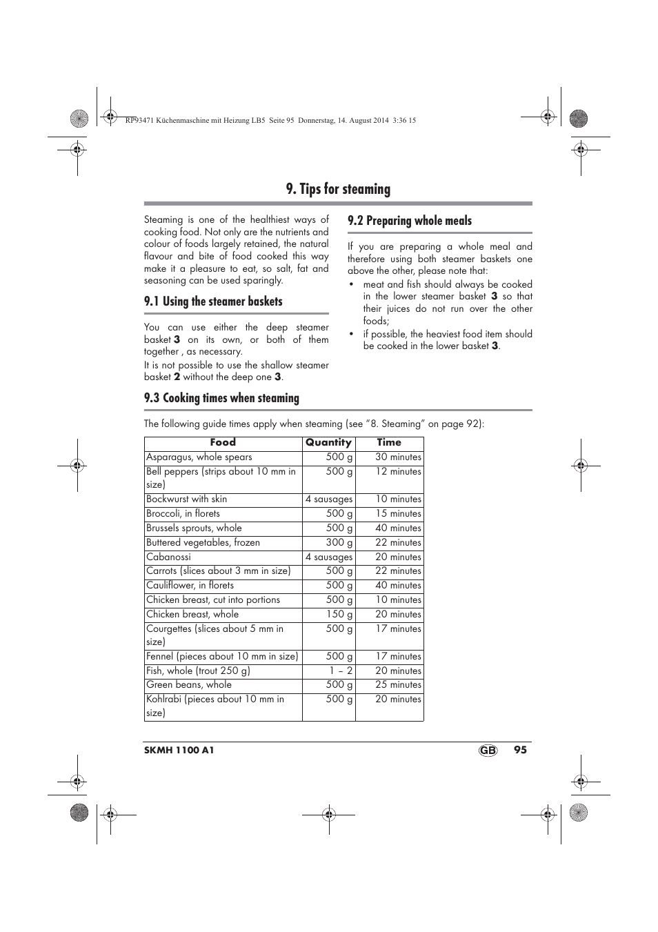 Tips for steaming, 1 using the steamer baskets, 2 preparing whole meals | 3 cooking times when steaming | Silvercrest SKMH 1100 A1 User Manual | Page 97 / 130