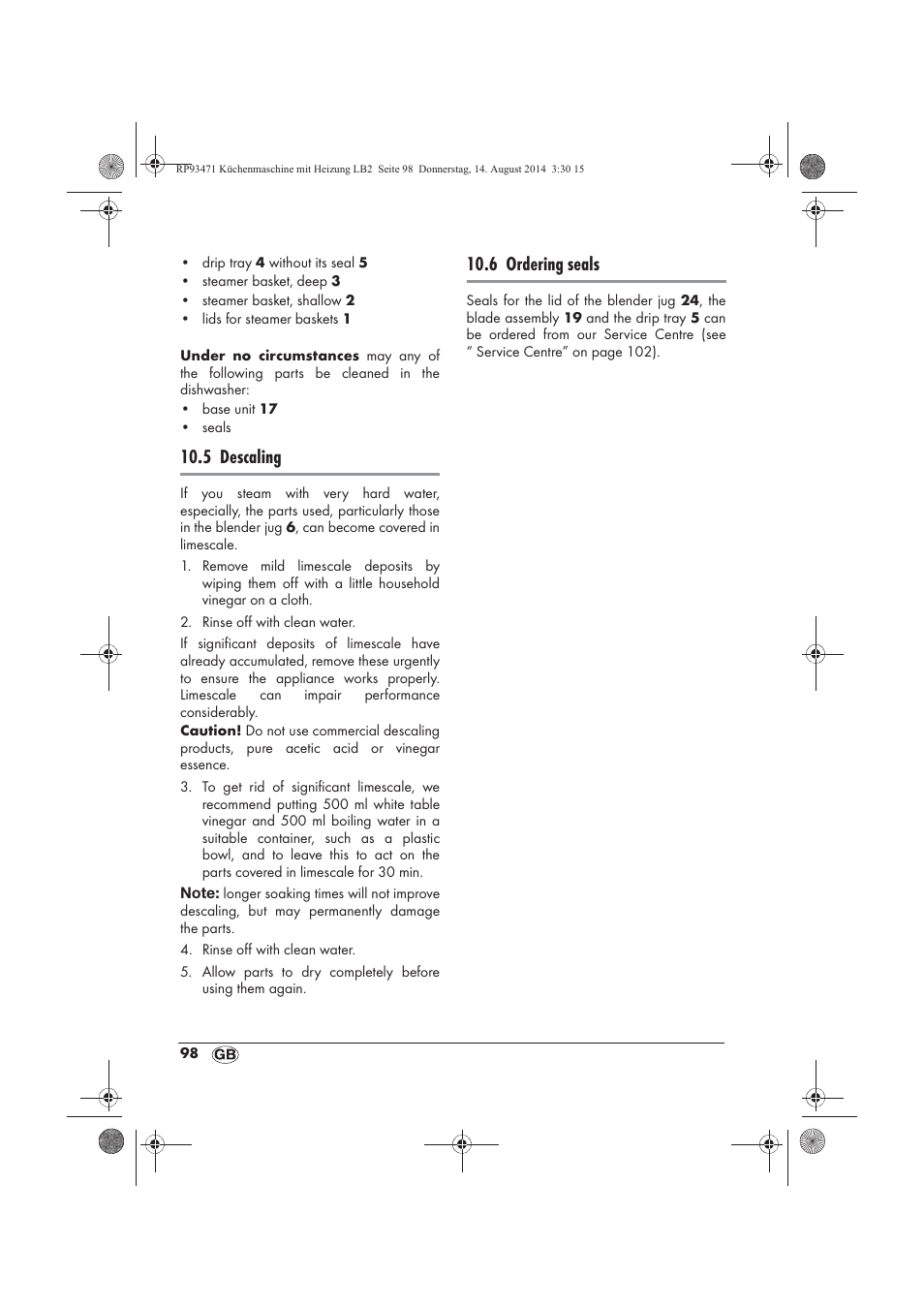 5 descaling, 6 ordering seals | Silvercrest SKMH 1100 A1 User Manual | Page 100 / 106