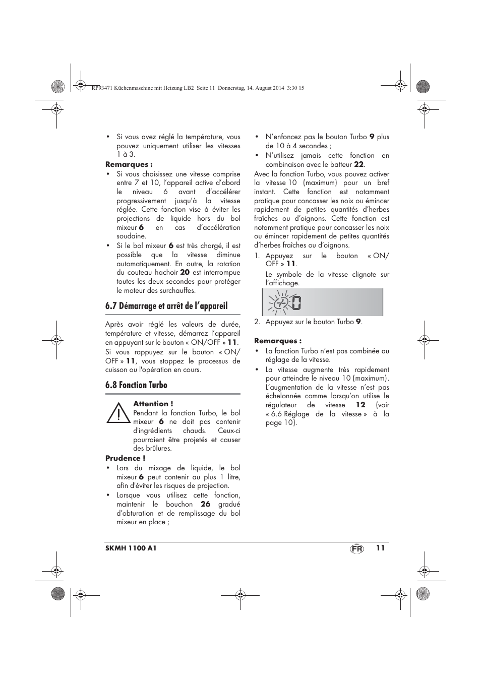 7 démarrage et arrêt de l’appareil, 8 fonction turbo | Silvercrest SKMH 1100 A1 User Manual | Page 13 / 106