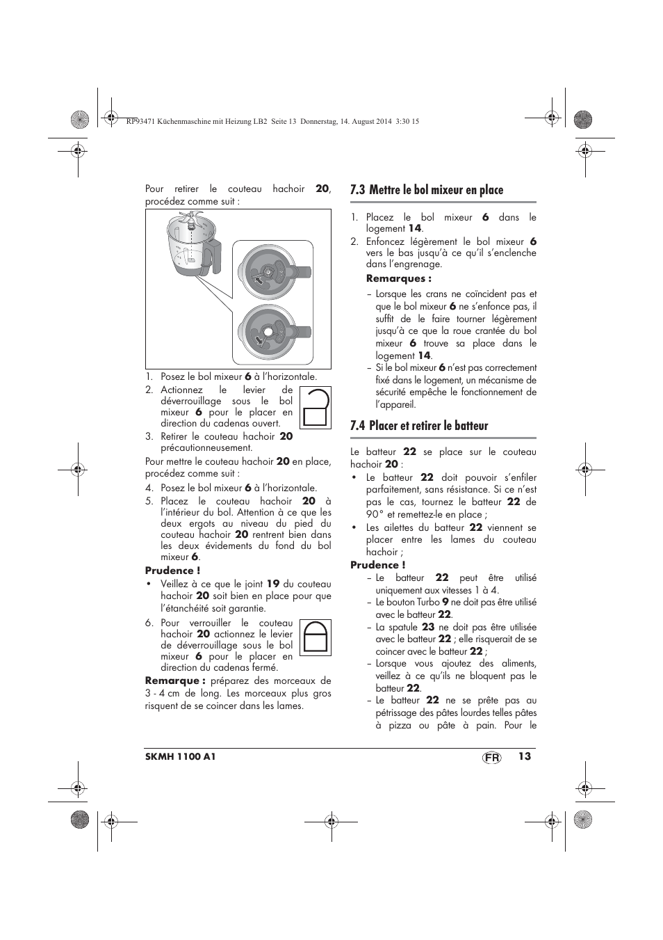 3 mettre le bol mixeur en place, 4 placer et retirer le batteur | Silvercrest SKMH 1100 A1 User Manual | Page 15 / 106