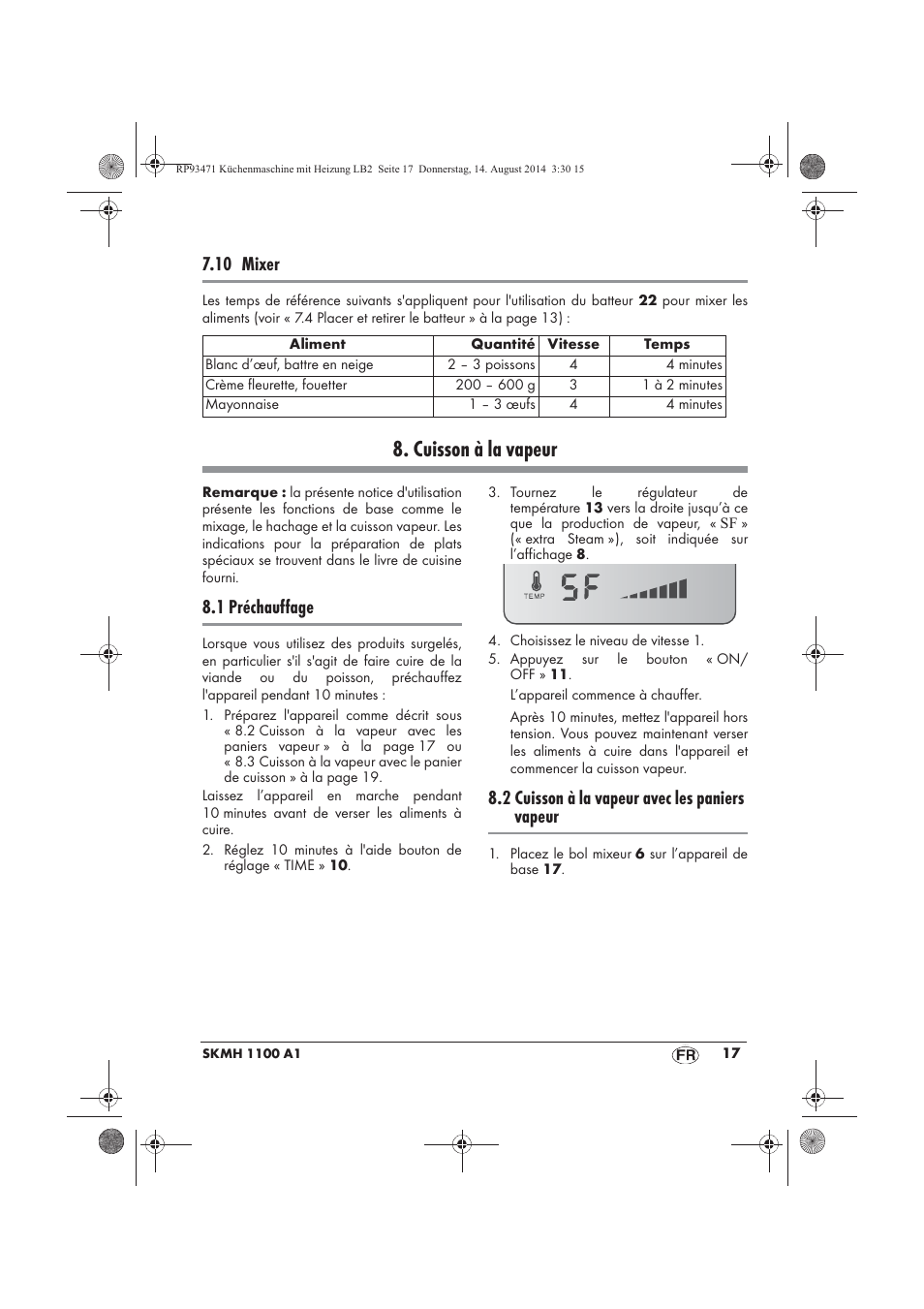 Cuisson à la vapeur, 10 mixer, 1 préchauffage | 2 cuisson à la vapeur avec les paniers vapeur | Silvercrest SKMH 1100 A1 User Manual | Page 19 / 106