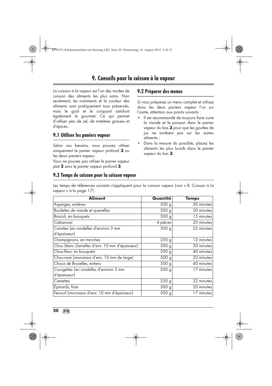 Conseils pour la cuisson à la vapeur, 1 utiliser les paniers vapeur, 2 préparer des menus | 3 temps de cuisson pour la cuisson vapeur | Silvercrest SKMH 1100 A1 User Manual | Page 22 / 106