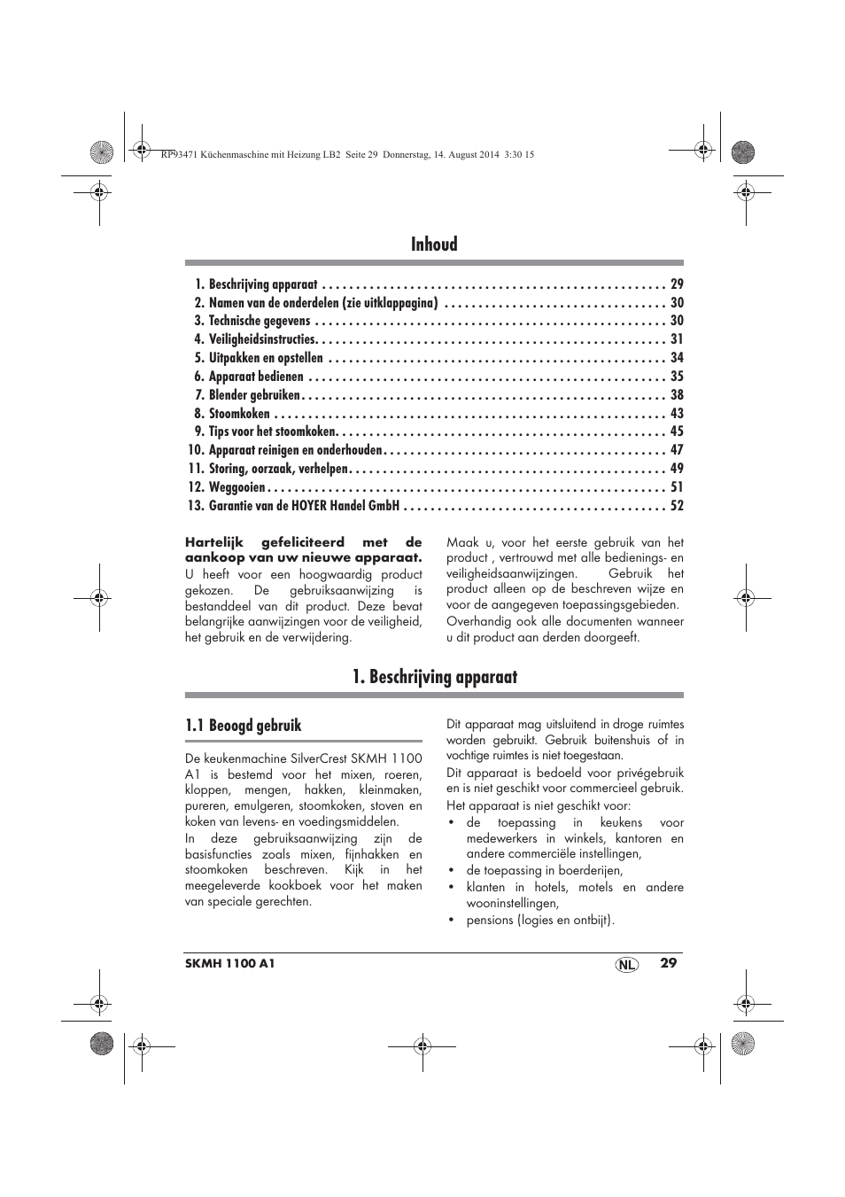Inhoud, Beschrijving apparaat, 1 beoogd gebruik | Silvercrest SKMH 1100 A1 User Manual | Page 31 / 106