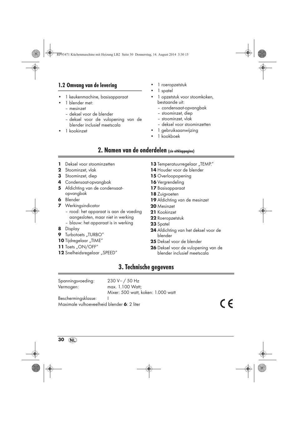 Namen van de onderdelen, Technische gegevens, 2 omvang van de levering | Silvercrest SKMH 1100 A1 User Manual | Page 32 / 106