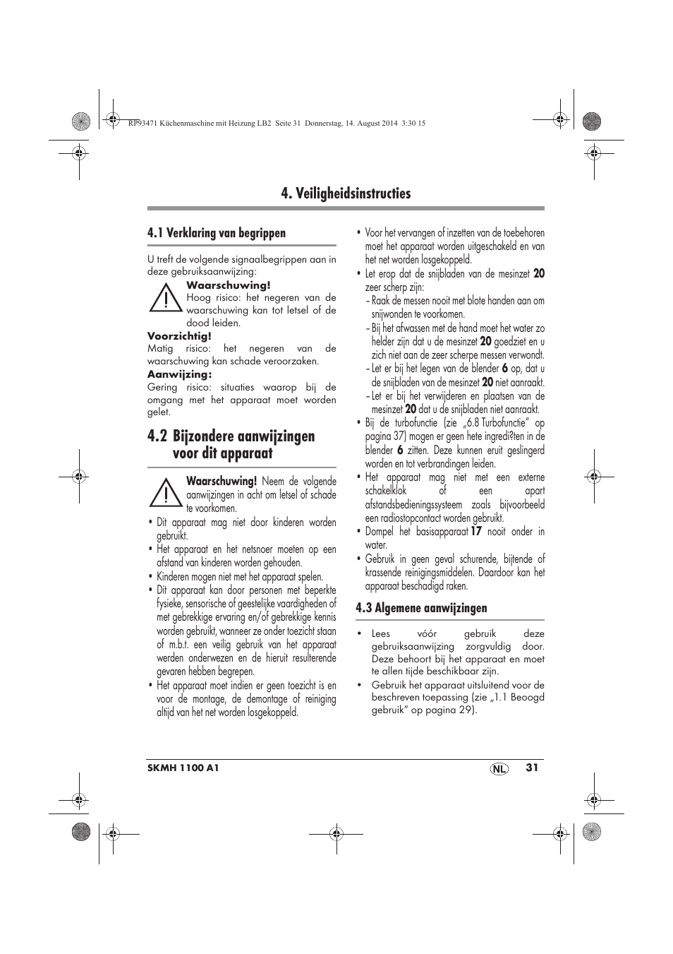2 bijzondere aanwijzingen voor dit apparaat, Veiligheidsinstructies | Silvercrest SKMH 1100 A1 User Manual | Page 33 / 106