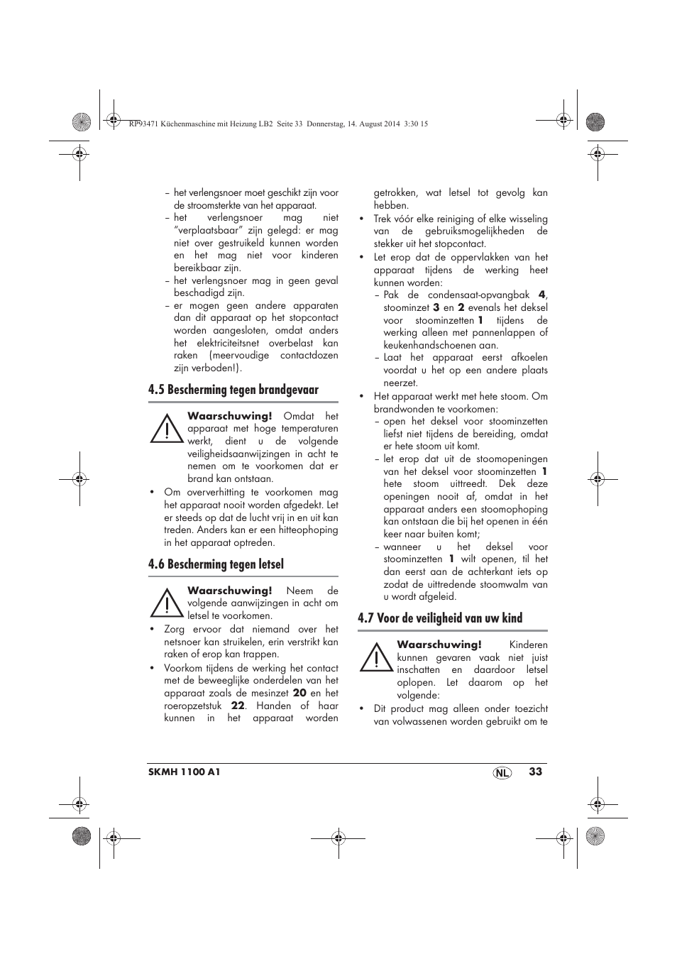 5 bescherming tegen brandgevaar, 6 bescherming tegen letsel, 7 voor de veiligheid van uw kind | Silvercrest SKMH 1100 A1 User Manual | Page 35 / 106