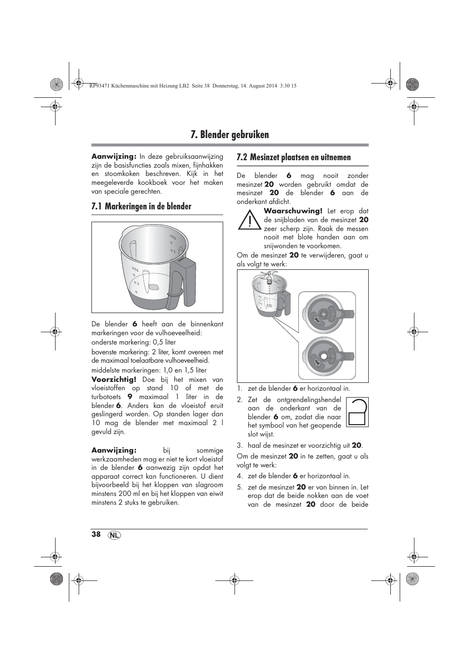 Blender gebruiken, 1 markeringen in de blender, 2 mesinzet plaatsen en uitnemen | Silvercrest SKMH 1100 A1 User Manual | Page 40 / 106