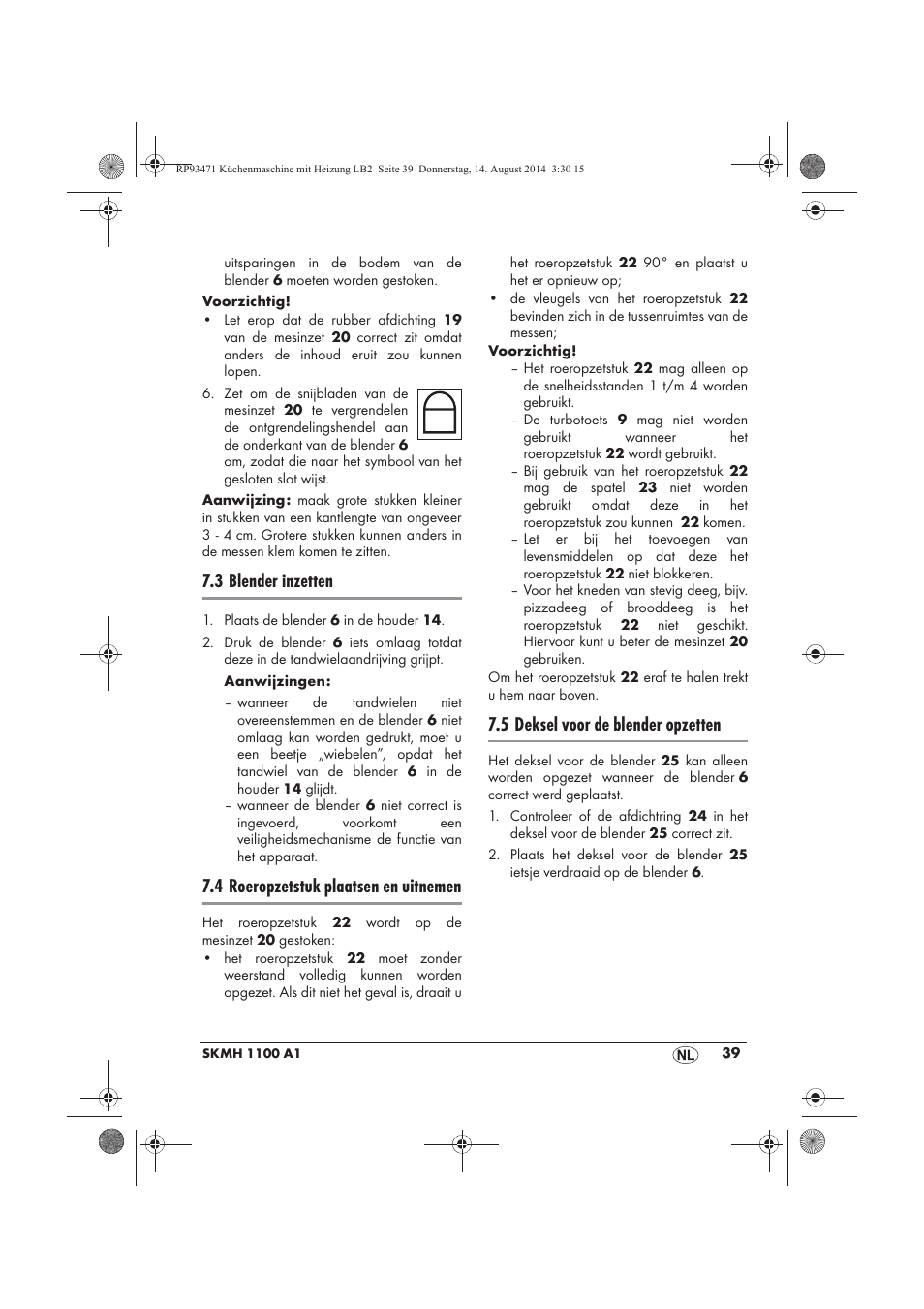 3 blender inzetten, 4 roeropzetstuk plaatsen en uitnemen, 5 deksel voor de blender opzetten | Silvercrest SKMH 1100 A1 User Manual | Page 41 / 106