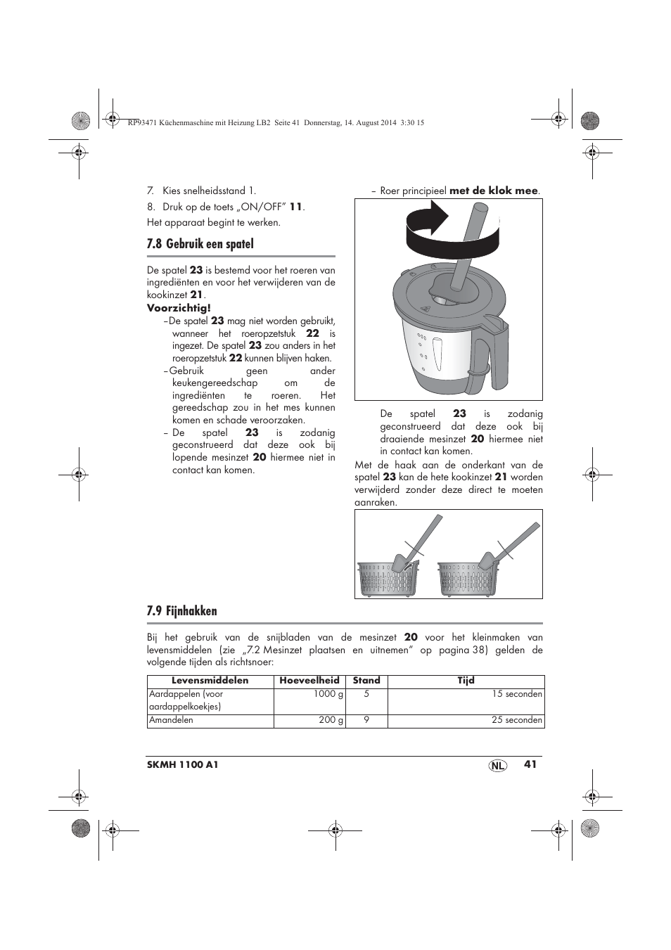 8 gebruik een spatel, 9 fijnhakken | Silvercrest SKMH 1100 A1 User Manual | Page 43 / 106