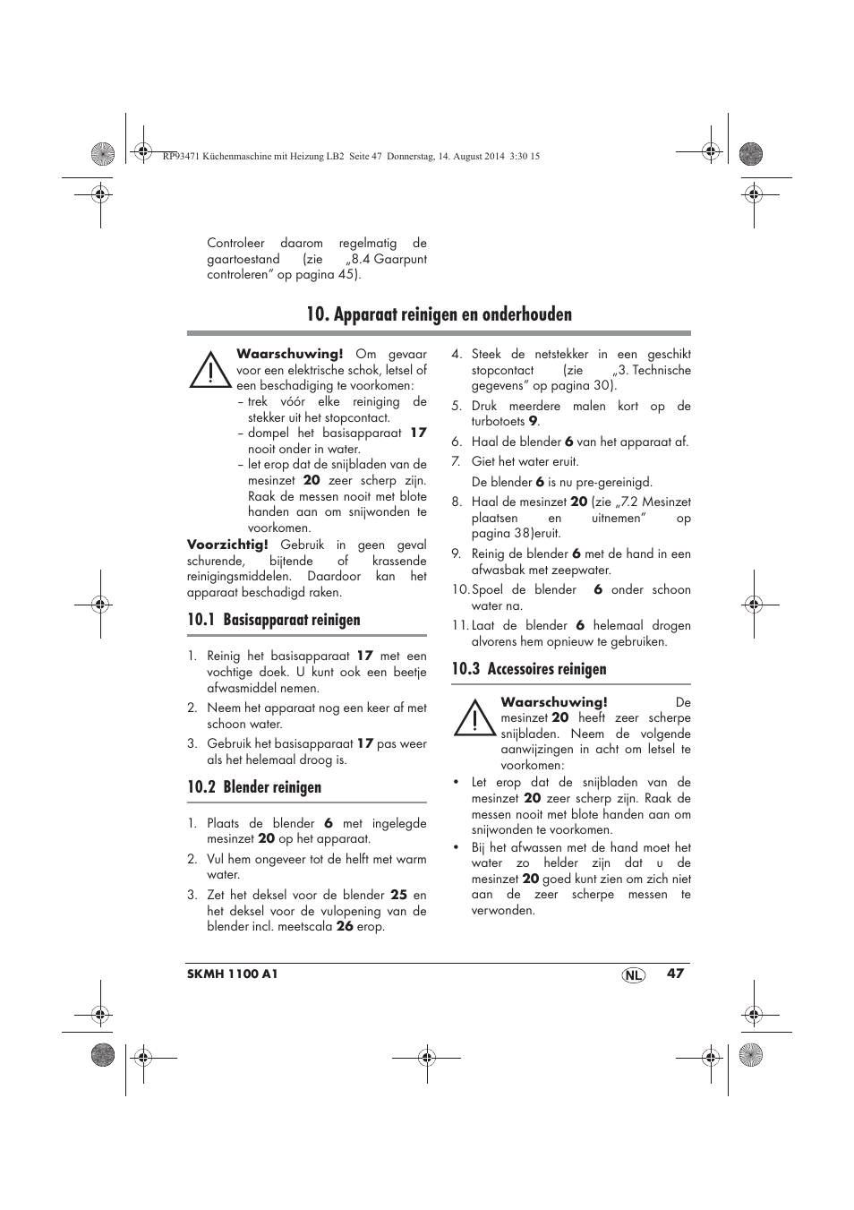 Apparaat reinigen en onderhouden, 1 basisapparaat reinigen, 2 blender reinigen | 3 accessoires reinigen | Silvercrest SKMH 1100 A1 User Manual | Page 49 / 106